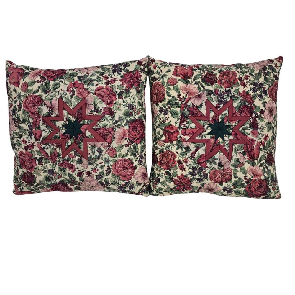 Handmade Quilted 14" Square Throw Pillow Floral Folded Star Starburst Pair 2